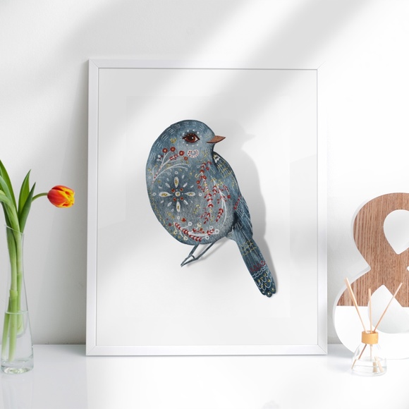 Wall Art Cute Blue Bird Portrait Illustration Print Poster Unframed - Picture 4 of 5